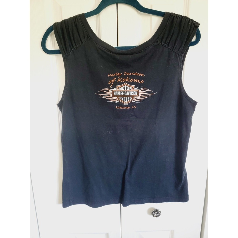 Harley-Davidson Womens L Kokomo Indiana Ruched Shoulder Tank Top Black 2008 - Picture 7 of 11